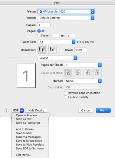 как конвертировать веб-страницу в PDF - диалоговое окно MacOS