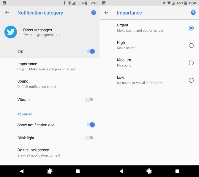 Опции категории уведомлений Android Oreo