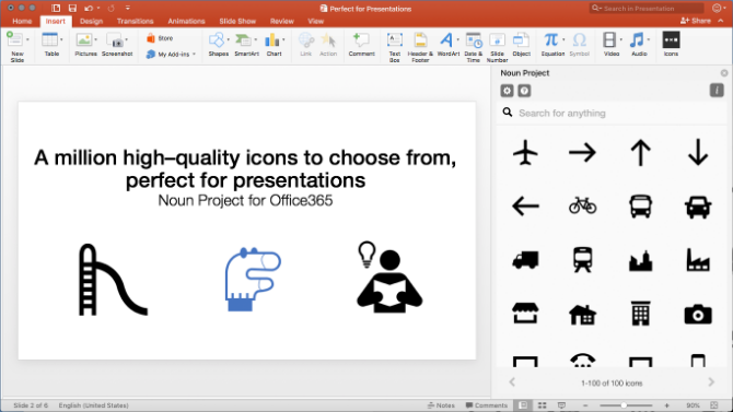 Надстройка Noun Project для Powerpoint предоставляет бесплатные иконки и смайлики