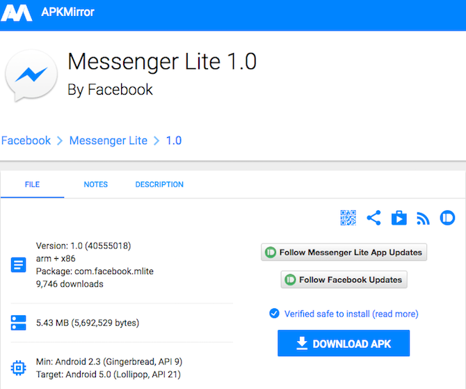 Загрузить APK для Facebook Messenger Lite