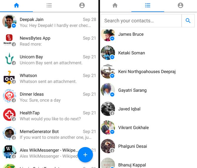 Facebook Messenger Lite Последние контакты