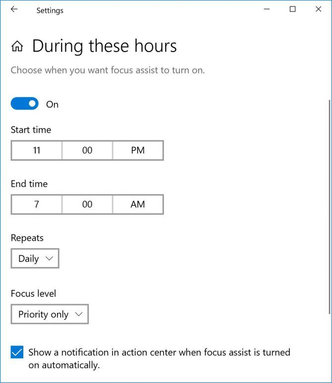 Как использовать Windows Focus Assist (ранее тихие часы) Focus Assist Hours e1526497923575
