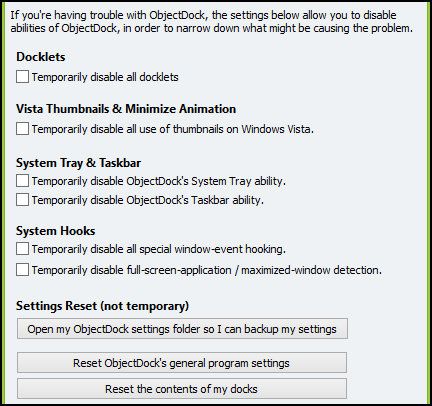 ObjectDock: быстрая настройка рабочего стола и повышение его функциональности [Windows] Параметры устранения неполадок настроек ObjectDock