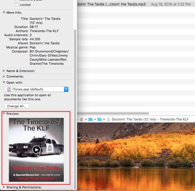 Воспроизведите аудиофайл, используя окно «Информация» в Finder на Mac