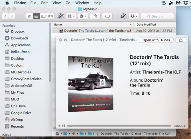 Воспроизведите аудиофайл, используя Quick Look в Finder на Mac
