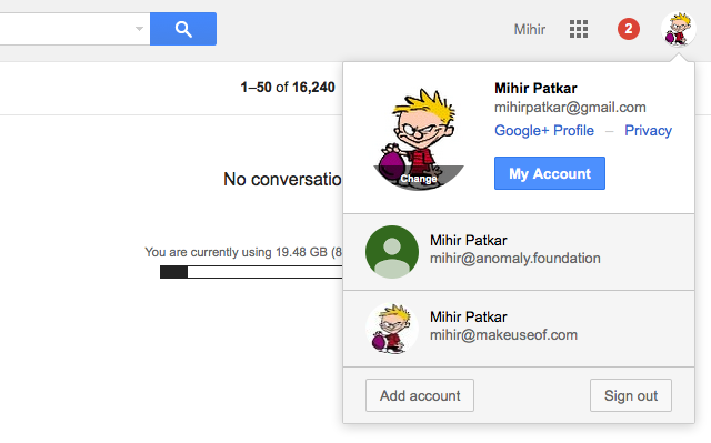Gmail-функция, не используемая многодисковый пользователь счетов-переключатель