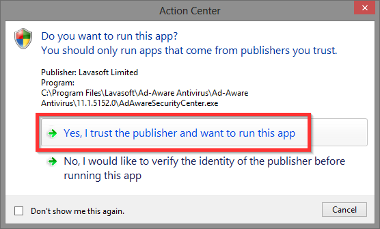 11 Центр действий Windows - доверяете ли вы этому приложению?