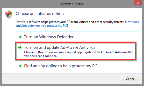 10 Центр действий Windows - выберите антивирус