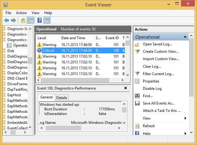 Windows 8 Event Viewer Продолжительность загрузки