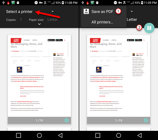 Выберите «Сохранить как PDF» и нажмите кнопку «PDF» в Chrome на Android.