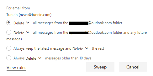Правило очистки электронной почты outlook.com