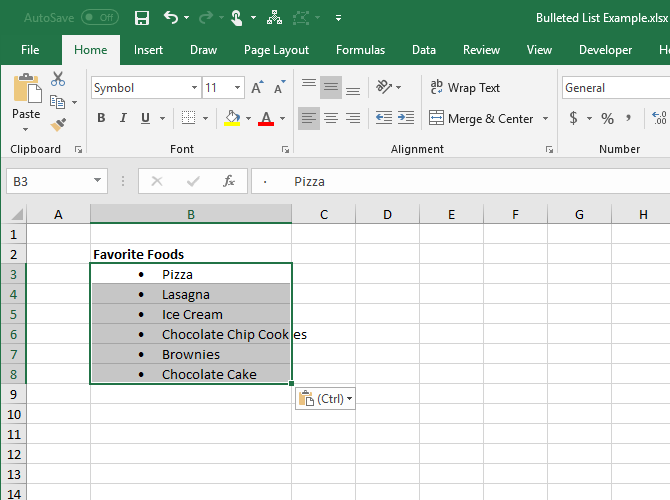 Маркированный список копируется из Word в несколько ячеек в Excel