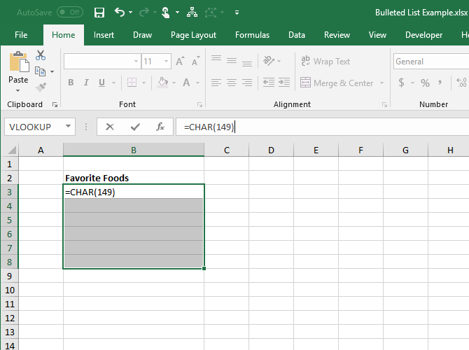 Введите функцию CHAR для маркера в ячейке в Excel