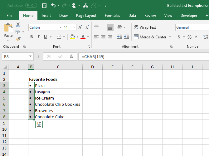 Функция CHAR введена в ячейки в Excel