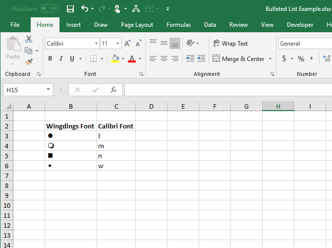 Буквы в шрифте Caliber и эквивалентные символы в шрифте Wingdings в Excel