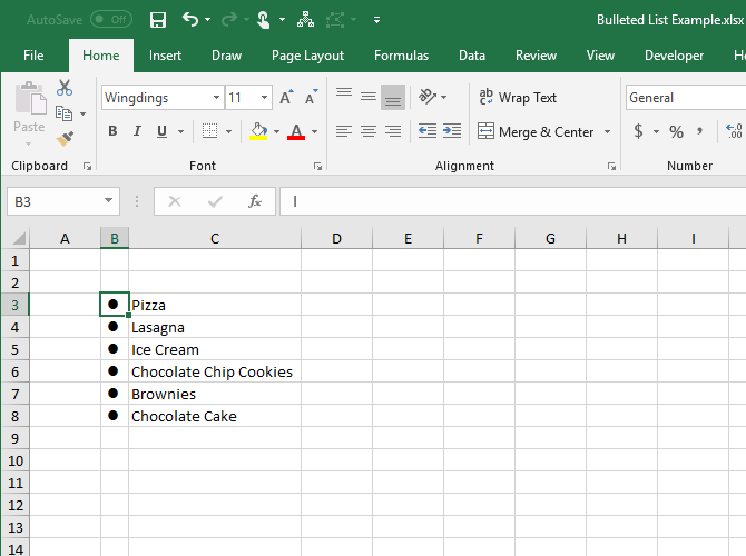 Создайте маркированный список в Excel, используя шрифт Wingdings