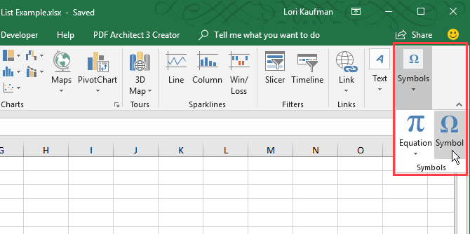 Нажмите Символы на вкладке Вставка в Excel.