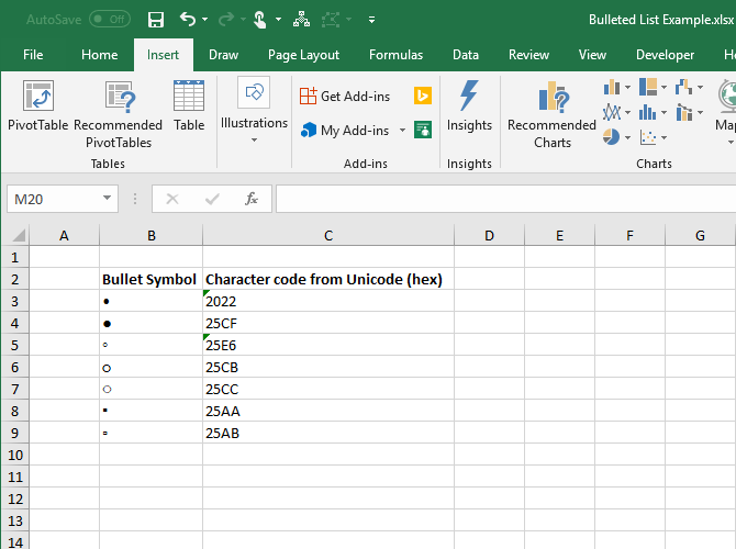 Символы маркера и коды символов в шестнадцатеричном формате в Excel