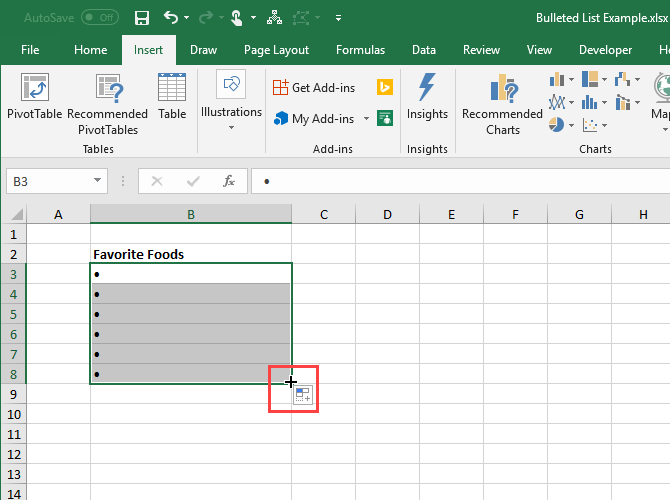 Используйте автозаполнение в Excel, чтобы копировать и вставлять маркеры