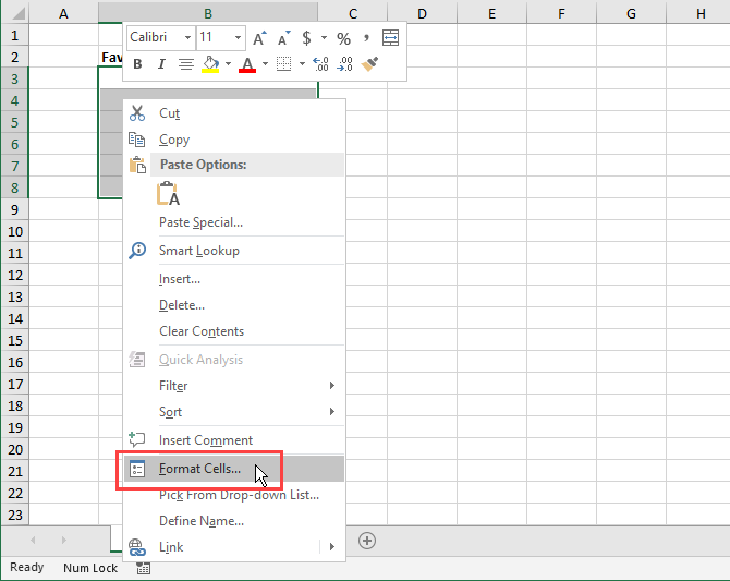 Выберите Формат ячеек из контекстного меню в Excel