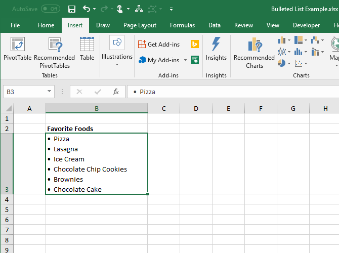 Создать маркированный список в одной ячейке в Excel