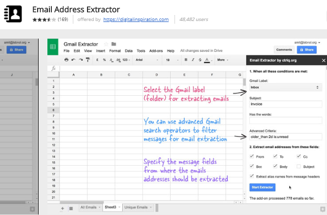 надстройки листов Google - экстрактор адресов электронной почты