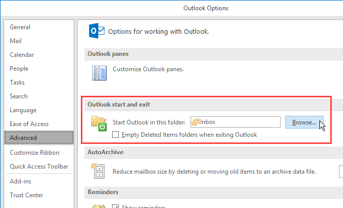 Изменить, какая папка открывается при запуске Outlook