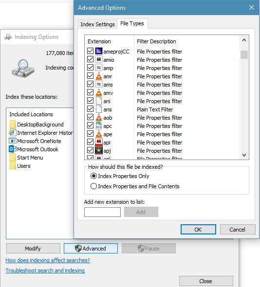 Как исключить типы файлов из Windows 10 Search Параметры индексирования Windows
