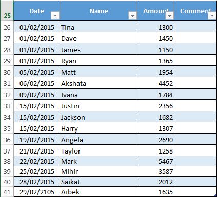 Excel DateAmount Table