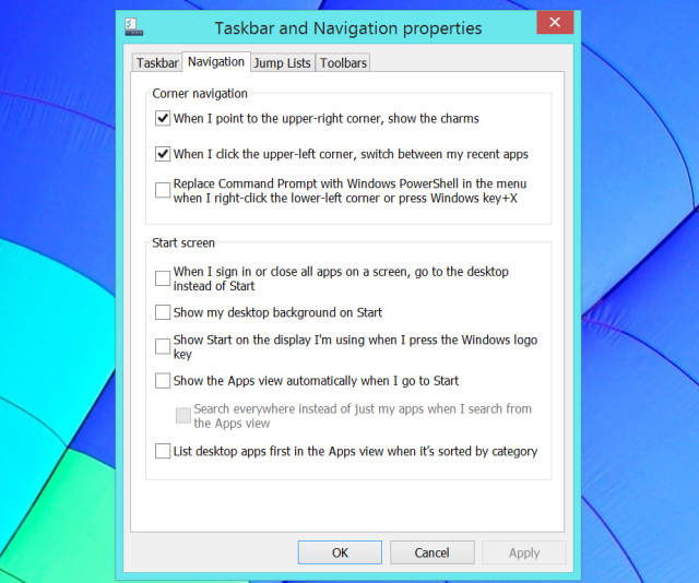 Панель задач и навигационные свойства Windows 8.1