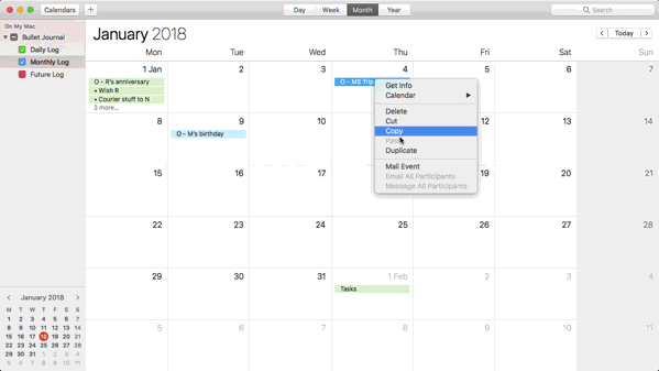 Использование календаря для журнала пули на Mac