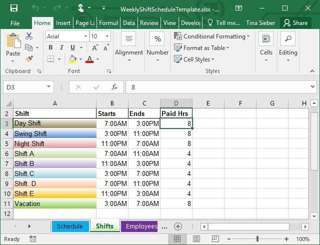 Еженедельный шаблон Excel Shift