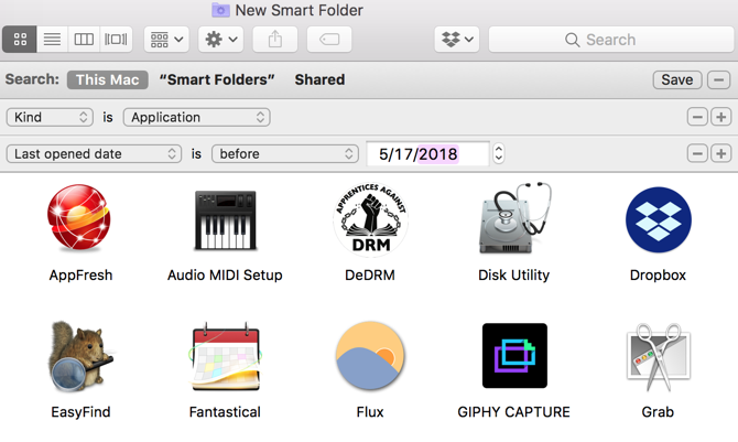 Mac Smart Folder неоткрытые приложения