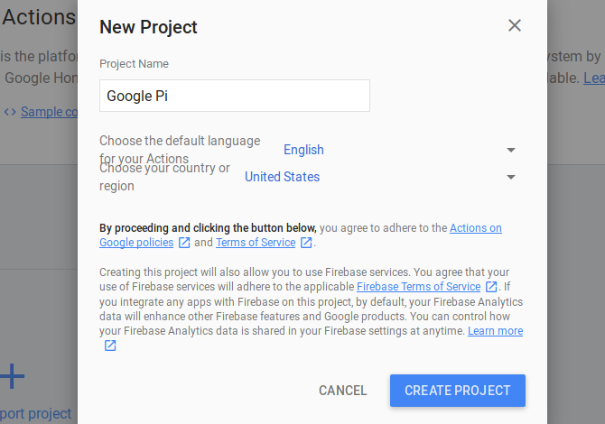 Создать новый проект Google