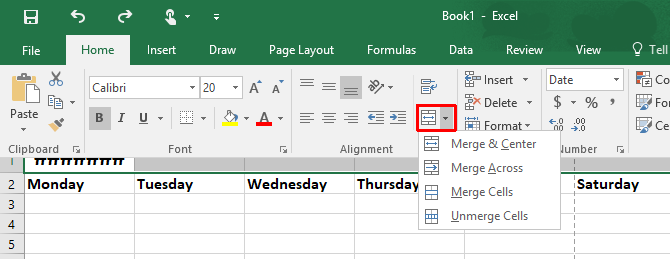 Как сделать шаблон календаря в Excel Excel Merge and Center 670x259