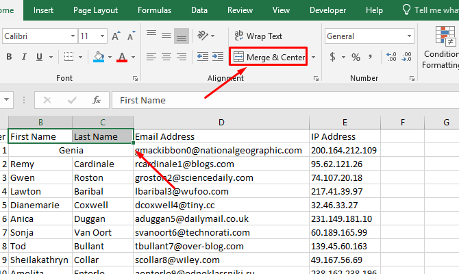как объединить ячейки в Excel - кнопка Excel Merge & Center
