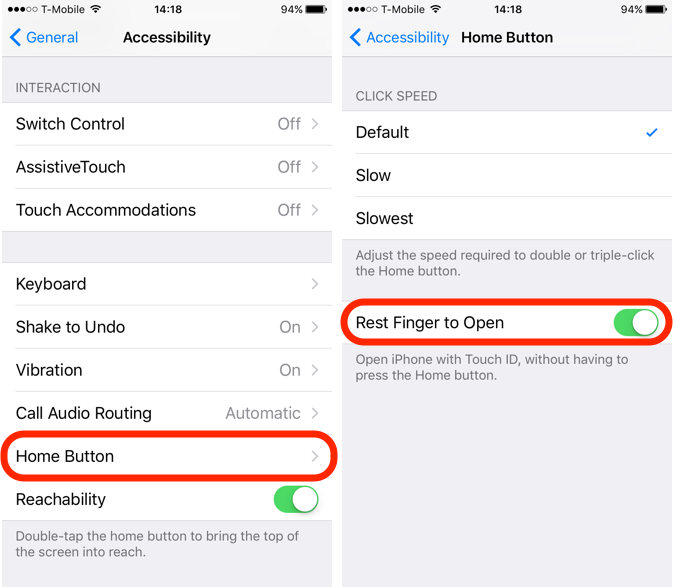 iOS 10 Feature Rest Finger, чтобы открыть