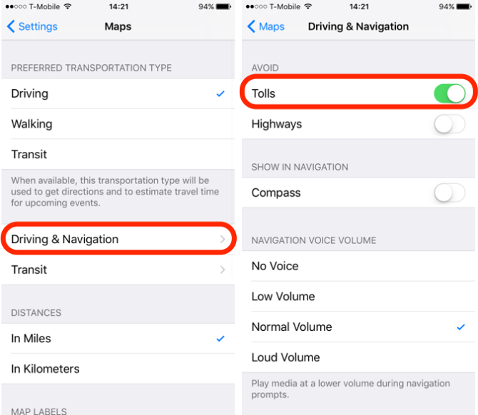 iOS 10 Избегайте платы за проезд в направлениях