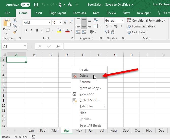 удалить вкладку Excel лист