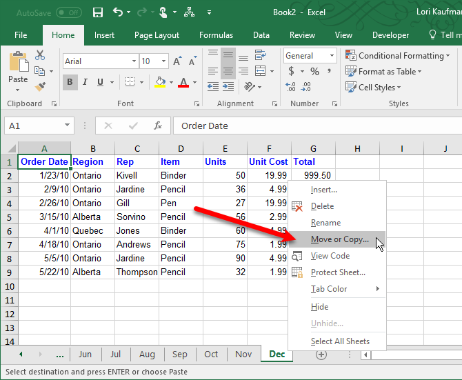 скопировать или переместить вкладку листа Excel