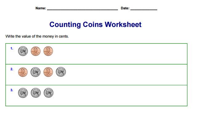 Скриншот примера подсчета монет Math Worksheet