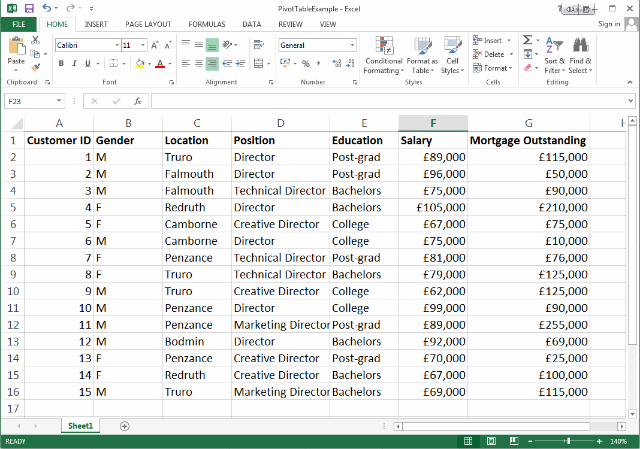 Пример таблицы Excel 2013