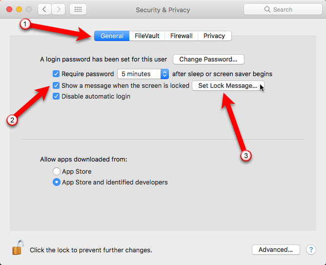 установить блокировку сообщения Mac экран входа в систему