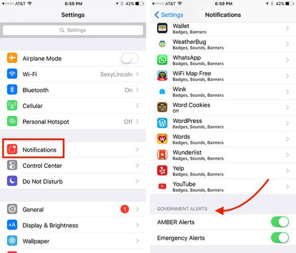 Как отключить аварийные оповещения (AMBER) на вашем смартфоне Предупреждения iOS 584x500