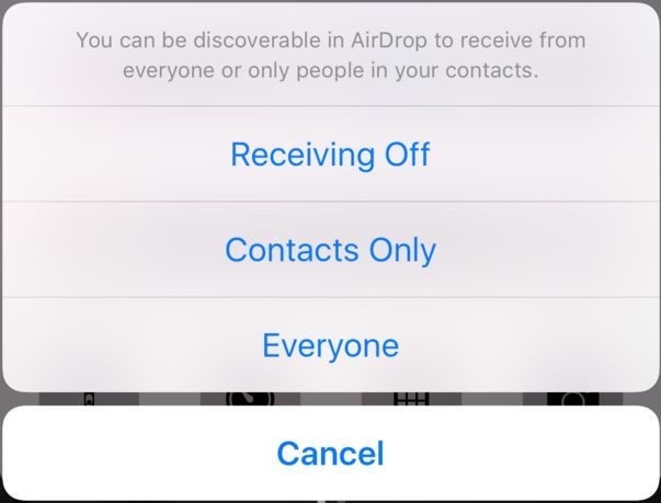 опции Apple Airdrop отключить контакты только всех