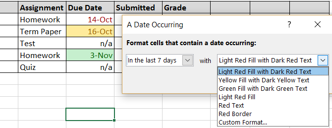 Условное форматирование Excel - школьные даты