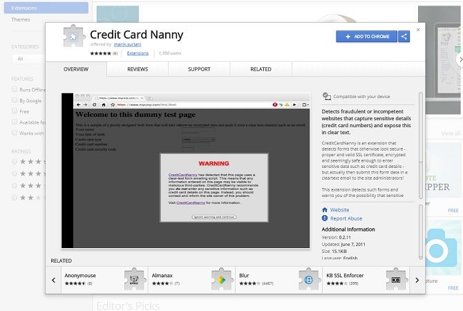 расширения безопасности Chrome - кредитная карта няня