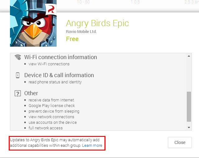Пример Angry Birds - приложения могут добавлять разрешения