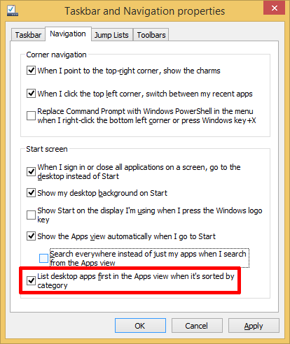 Сначала перечислите приложения для рабочего стола в Windows 8.1