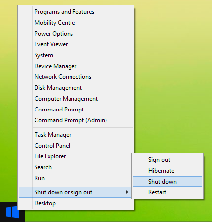 Завершение работы с помощью кнопки «Пуск» в Windows 8.1